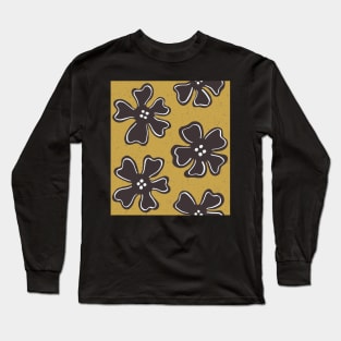 Pattern of button brown flowers on satin sheen gold Long Sleeve T-Shirt